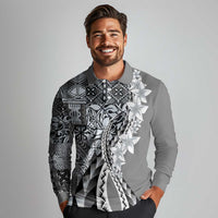 Aloha Vintage Plumeria Hawaiian Tapa Pattern Long Sleeve Polo Shirt Gray Hawaiian Tapa Pattern LT9 - Polynesian Pride