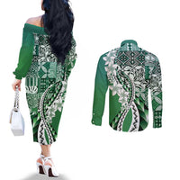 Aloha Vintage Plumeria Hawaiian Tapa Pattern Couples Matching Off The Shoulder Long Sleeve Dress and Long Sleeve Button Shirt Green Hawaiian Tapa Pattern - Polynesian Pride