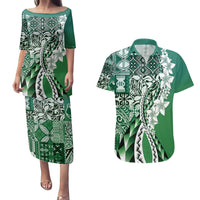 Aloha Vintage Plumeria Hawaiian Tapa Pattern Couples Matching Puletasi and Hawaiian Shirt Green Hawaiian Tapa Pattern - Polynesian Pride