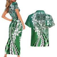 Aloha Vintage Plumeria Hawaiian Tapa Pattern Couples Matching Short Sleeve Bodycon Dress and Hawaiian Shirt Green Hawaiian Tapa Pattern LT9 - Polynesian Pride