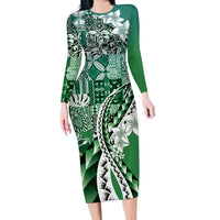 Aloha Vintage Plumeria Hawaiian Tapa Pattern Family Matching Long Sleeve Bodycon Dress and Hawaiian Shirt Green Hawaiian Tapa Pattern LT9 Mom's Dress Green - Polynesian Pride