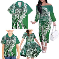 Aloha Vintage Plumeria Hawaiian Tapa Pattern Family Matching Off The Shoulder Long Sleeve Dress and Hawaiian Shirt Green Hawaiian Tapa Pattern LT9 - Polynesian Pride