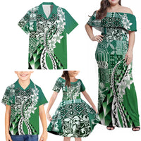 Aloha Vintage Plumeria Hawaiian Tapa Pattern Family Matching Off Shoulder Maxi Dress and Hawaiian Shirt Green Hawaiian Tapa Pattern LT9 - Polynesian Pride