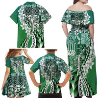 Aloha Vintage Plumeria Hawaiian Tapa Pattern Family Matching Off Shoulder Maxi Dress and Hawaiian Shirt Green Hawaiian Tapa Pattern LT9 - Polynesian Pride