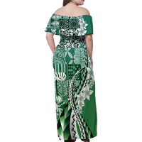 Aloha Vintage Plumeria Hawaiian Tapa Pattern Family Matching Off Shoulder Maxi Dress and Hawaiian Shirt Green Hawaiian Tapa Pattern LT9 - Polynesian Pride