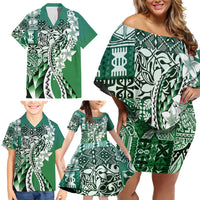Aloha Vintage Plumeria Hawaiian Tapa Pattern Family Matching Off Shoulder Short Dress and Hawaiian Shirt Green Hawaiian Tapa Pattern LT9 - Polynesian Pride