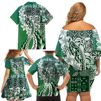 Aloha Vintage Plumeria Hawaiian Tapa Pattern Family Matching Off Shoulder Short Dress and Hawaiian Shirt Green Hawaiian Tapa Pattern LT9 - Polynesian Pride