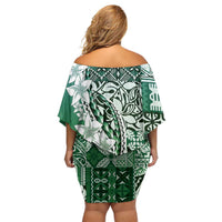 Aloha Vintage Plumeria Hawaiian Tapa Pattern Family Matching Off Shoulder Short Dress and Hawaiian Shirt Green Hawaiian Tapa Pattern LT9 - Polynesian Pride