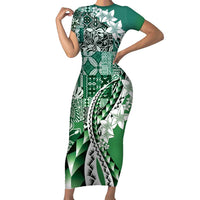 Aloha Vintage Plumeria Hawaiian Tapa Pattern Family Matching Short Sleeve Bodycon Dress and Hawaiian Shirt Green Hawaiian Tapa Pattern LT9 Mom's Dress Green - Polynesian Pride