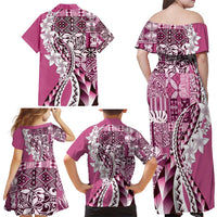 Aloha Vintage Plumeria Hawaiian Tapa Pattern Family Matching Off Shoulder Maxi Dress and Hawaiian Shirt Pink Hawaiian Tapa Pattern LT9 - Polynesian Pride