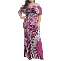 Aloha Vintage Plumeria Hawaiian Tapa Pattern Family Matching Off Shoulder Maxi Dress and Hawaiian Shirt Pink Hawaiian Tapa Pattern LT9 Mom's Dress Pink - Polynesian Pride