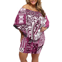 Aloha Vintage Plumeria Hawaiian Tapa Pattern Family Matching Off Shoulder Short Dress and Hawaiian Shirt Pink Hawaiian Tapa Pattern LT9 Mom's Dress Pink - Polynesian Pride