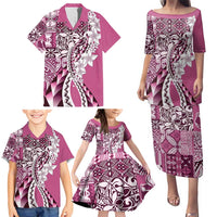 Aloha Vintage Plumeria Hawaiian Tapa Pattern Family Matching Puletasi and Hawaiian Shirt Pink Hawaiian Tapa Pattern LT9 - Polynesian Pride