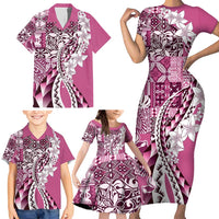 Aloha Vintage Plumeria Hawaiian Tapa Pattern Family Matching Short Sleeve Bodycon Dress and Hawaiian Shirt Pink Hawaiian Tapa Pattern LT9 - Polynesian Pride