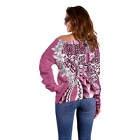 Aloha Vintage Plumeria Hawaiian Tapa Pattern Off Shoulder Sweater Pink Hawaiian Tapa Pattern - Polynesian Pride