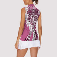 Aloha Vintage Plumeria Hawaiian Tapa Pattern Women Sleeveless Polo Shirt Pink Hawaiian Tapa Pattern - Polynesian Pride