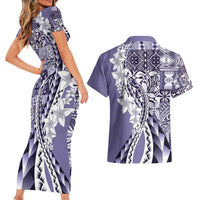 Aloha Vintage Plumeria Hawaiian Tapa Pattern Couples Matching Short Sleeve Bodycon Dress and Hawaiian Shirt Purple Hawaiian Tapa Pattern LT9 - Polynesian Pride