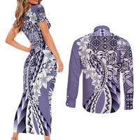 Aloha Vintage Plumeria Hawaiian Tapa Pattern Couples Matching Short Sleeve Bodycon Dress and Long Sleeve Button Shirt Purple Hawaiian Tapa Pattern - Polynesian Pride