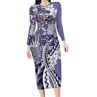 Aloha Vintage Plumeria Hawaiian Tapa Pattern Family Matching Long Sleeve Bodycon Dress and Hawaiian Shirt Purple Hawaiian Tapa Pattern LT9 Mom's Dress Purple - Polynesian Pride