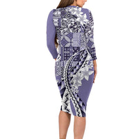 Aloha Vintage Plumeria Hawaiian Tapa Pattern Family Matching Long Sleeve Bodycon Dress and Hawaiian Shirt Purple Hawaiian Tapa Pattern LT9 - Polynesian Pride