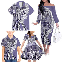 Aloha Vintage Plumeria Hawaiian Tapa Pattern Family Matching Off The Shoulder Long Sleeve Dress and Hawaiian Shirt Purple Hawaiian Tapa Pattern LT9 - Polynesian Pride