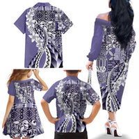 Aloha Vintage Plumeria Hawaiian Tapa Pattern Family Matching Off The Shoulder Long Sleeve Dress and Hawaiian Shirt Purple Hawaiian Tapa Pattern LT9 - Polynesian Pride