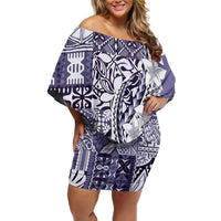 Aloha Vintage Plumeria Hawaiian Tapa Pattern Family Matching Off Shoulder Short Dress and Hawaiian Shirt Purple Hawaiian Tapa Pattern LT9 Mom's Dress Purple - Polynesian Pride