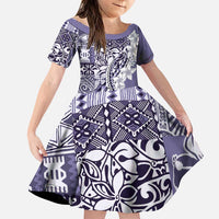 Aloha Vintage Plumeria Hawaiian Tapa Pattern Family Matching Puletasi and Hawaiian Shirt Purple Hawaiian Tapa Pattern LT9 Daughter's Dress Purple - Polynesian Pride