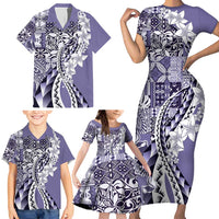 Aloha Vintage Plumeria Hawaiian Tapa Pattern Family Matching Short Sleeve Bodycon Dress and Hawaiian Shirt Purple Hawaiian Tapa Pattern LT9 - Polynesian Pride