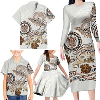 Polynesian Manta Ray Family Matching Long Sleeve Bodycon Dress and Hawaiian Shirt Beige Floral Turtle Tattoo LT9 - Polynesian Pride