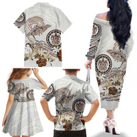 Polynesian Manta Ray Family Matching Off The Shoulder Long Sleeve Dress and Hawaiian Shirt Beige Floral Turtle Tattoo LT9 - Polynesian Pride