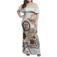 Polynesian Manta Ray Family Matching Off Shoulder Maxi Dress and Hawaiian Shirt Beige Floral Turtle Tattoo LT9 Mom's Dress Beige - Polynesian Pride