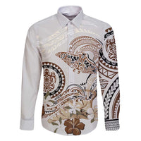 Polynesian Manta Ray Family Matching Short Sleeve Bodycon Dress and Hawaiian Shirt Beige Floral Turtle Tattoo LT9 Dad's Shirt - Long Sleeve Beige - Polynesian Pride