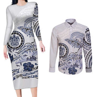 Polynesian Manta Ray Couples Matching Long Sleeve Bodycon Dress and Long Sleeve Button Shirt Blue Floral Turtle Tattoo - Polynesian Pride