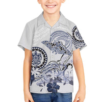 Polynesian Manta Ray Family Matching Off The Shoulder Long Sleeve Dress and Hawaiian Shirt Blue Floral Turtle Tattoo LT9 Son's Shirt Blue - Polynesian Pride