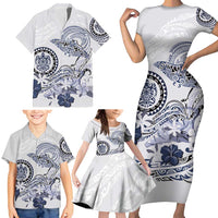 Polynesian Manta Ray Family Matching Short Sleeve Bodycon Dress and Hawaiian Shirt Blue Floral Turtle Tattoo LT9 - Polynesian Pride