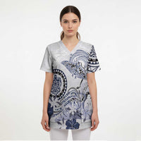Polynesian Manta Ray Scrub Top Blue Floral Turtle Tattoo - Polynesian Pride