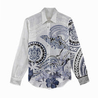 Polynesian Manta Ray Women Casual Shirt Blue Floral Turtle Tattoo LT9 - Polynesian Pride