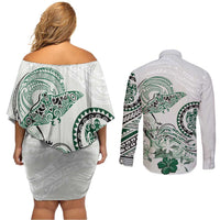 Polynesian Manta Ray Couples Matching Off Shoulder Short Dress and Long Sleeve Button Shirt Green Floral Turtle Tattoo LT9 - Polynesian Pride