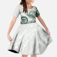 Polynesian Manta Ray Family Matching Off The Shoulder Long Sleeve Dress and Hawaiian Shirt Green Floral Turtle Tattoo LT9 Daughter's Dress Green - Polynesian Pride