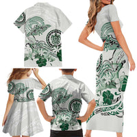 Polynesian Manta Ray Family Matching Short Sleeve Bodycon Dress and Hawaiian Shirt Green Floral Turtle Tattoo LT9 - Polynesian Pride