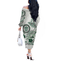 Polynesian Manta Ray Off The Shoulder Long Sleeve Dress Green Floral Turtle Tattoo - Polynesian Pride