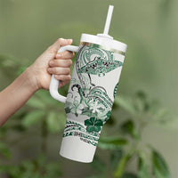 Polynesian Manta Ray Tumbler With Handle Green Floral Turtle Tattoo LT9 - Polynesian Pride