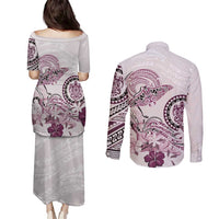 Polynesian Manta Ray Couples Matching Puletasi and Long Sleeve Button Shirt Pink Floral Turtle Tattoo LT9 - Polynesian Pride