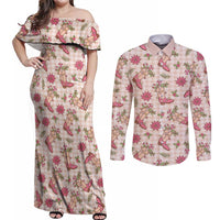 Beige Paniolo Palaka Hawaiian Cowgirl Christmas Couples Matching Off Shoulder Maxi Dress and Long Sleeve Button Shirt LT9 Beige - Polynesian Pride