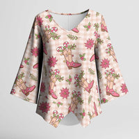 Beige Paniolo Palaka Hawaiian Cowgirl Christmas Kimono Sleeve Blouse - Polynesian Pride