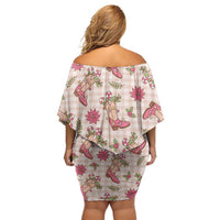 Beige Paniolo Palaka Hawaiian Cowgirl Christmas Off Shoulder Short Dress - Polynesian Pride