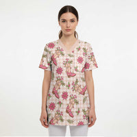 Beige Paniolo Palaka Hawaiian Cowgirl Christmas Scrub Top LT9 - Polynesian Pride