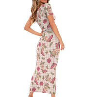 Beige Paniolo Palaka Hawaiian Cowgirl Christmas Short Sleeve Bodycon Dress - Polynesian Pride