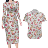Gray Paniolo Palaka Hawaiian Cowgirl Christmas Couples Matching Long Sleeve Bodycon Dress and Hawaiian Shirt LT9 Gray - Polynesian Pride